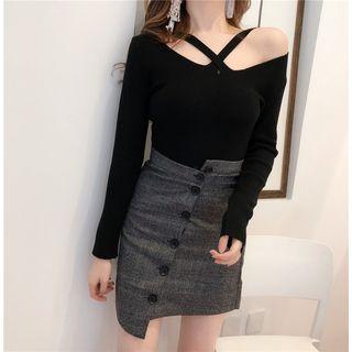 Cross Strap Off Shoulder Long Sleeve Knit Top
