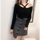 Cross Strap Off Shoulder Long Sleeve Knit Top