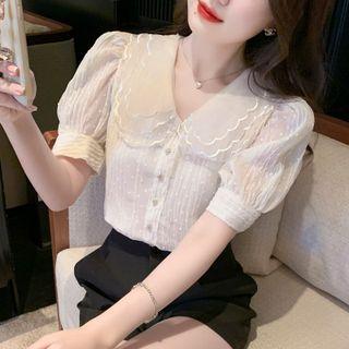 Puff-sleeve Dotted Collared Blouse