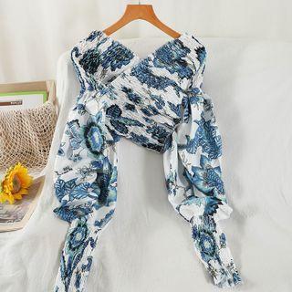 Flower Print Smocked Cropped Blouse