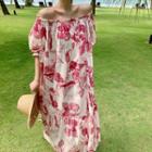 Off-shoulder Leaf Print Midi Sundress