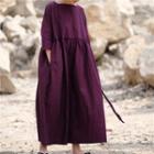 3/4-sleeve Midi A-line Dress Purple - One Size