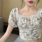 Floral Square Neck Skinny Puff Short Sleeve Crop Top