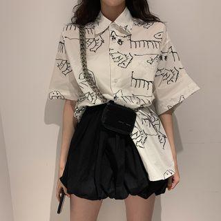 Elbow-sleeve Printed Shirt / A-line Skirt