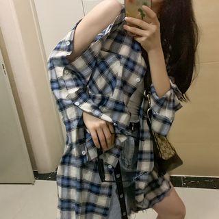 Button-sleeve Front Pocket Plaid Casual Shirt