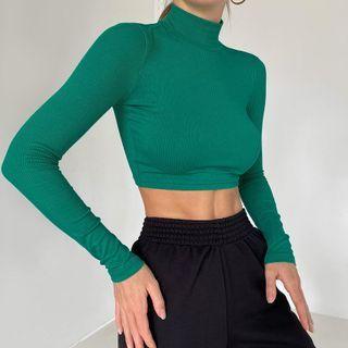 Long Sleeve Mock Sleeve Ribbed-knit Crop Sweater