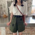 Lace-hem Drawstring Blouse / Cargo Shorts