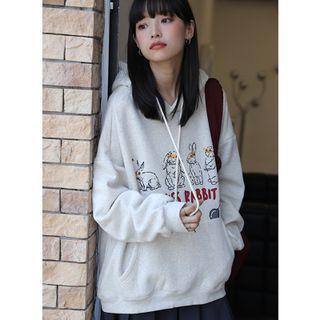 Rabbit Print Hoodie Rabbit - White - One Size