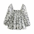 Puff-sleeve Butterfly Print Blouse