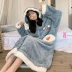 Rainbow Embroidered Hooded Coral Fleece Robe Grayish Blue - One Size