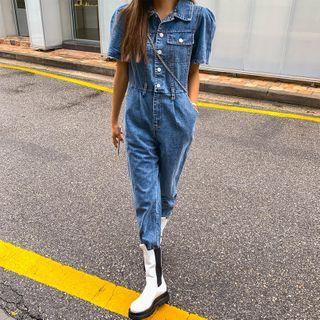 Puff-shoulder Buttoned Denim Jumpsuit