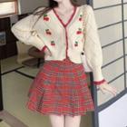 Embroidered Cardigan / Plaid Pleated Skirt