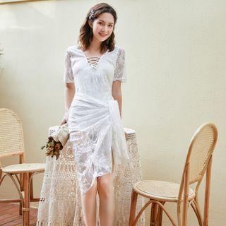 Set: Short-sleeve Swimsuit + Lace Cover Up
