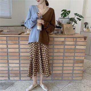Color Block Sweater / Dotted Midi Dress