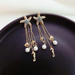 Rhinestone Starfish Faux Pearl Fringed Earring