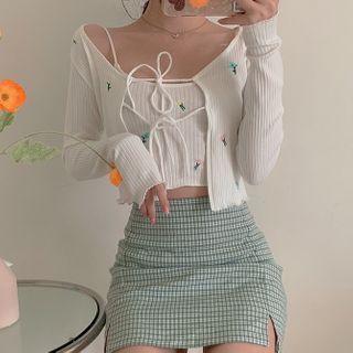 Set: Floral Embroidered Camisole Top + Tie-front Cardigan