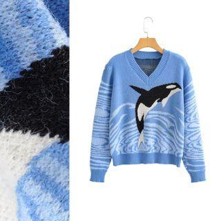 Dolphin Jacquard Sweater 9729 - Light Blue - One Size