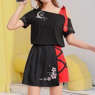Cold-shoulder Floral Embroidered T-shirt / Paneled A-line Skirt / Set