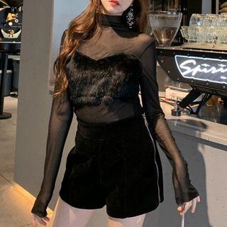 Mesh Panel Long-sleeve Top / Velvet Shorts