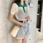 Color-block Short-sleeve Knit Top / High-waist Denim Shorts