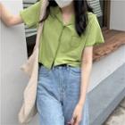 Short-sleeve Collar Cropped T-shirt Green - One Size