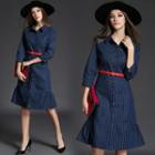 Stand-collar Single-breasted 3/4-sleeve Striped A-line Long Sheath Dress