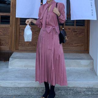 Tie-neck Long-sleeve Accordion Pleat Maxi Dress