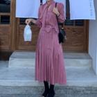 Tie-neck Long-sleeve Accordion Pleat Maxi Dress
