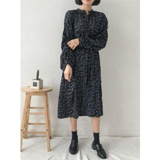 Mandarin-collar Floral Long Shirtdress With Sash