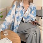 Long-sleeve Tie-dyed Shirt Light Blue - One Size