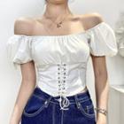 Puff-sleeve Square Neck Lace-up Blouse