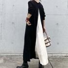 Long-sleeve Two-tone Maxi A-line Dress Black - One Size