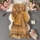 Patterned Long-sleeve Midi A-line Dress Yellow - One Size