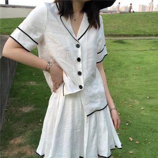 Piped Short-sleeve Blouse / High Waist Pleated Skirt