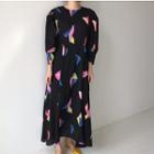 3/4-sleeve Pattern Midi Dress Black - One Size