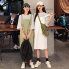 Striped Elbow-sleeve T-shirt / Plain Jumper Dress