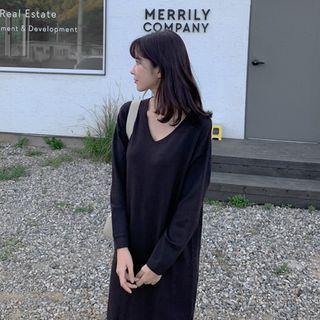 V-neck Drop-shoulder Knit Dress Brown - One Size