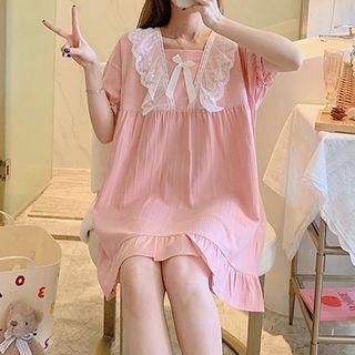 Short-sleeve Lace Panel Ribbon Accent Sleep Dress