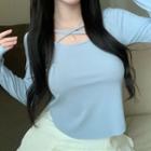 Long-sleeve Plain Slim Fit Ribbed Round Hem T-shirt
