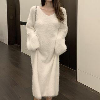 Plain Loose Fit Furry Knit Midi Dress