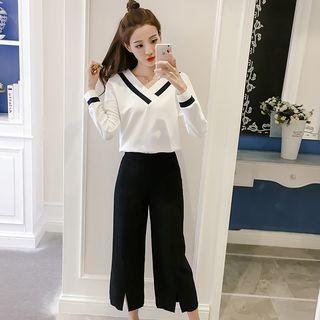 Set: Contrast Trim V-neck Top + Wide-leg Pants