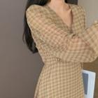 Plaid Chiffon Shirtwaist Dress Khaki - One Size
