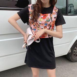 Set: Printed Vest + Short Sleeve T-shirt Dress As Shown In Figure - One Size
