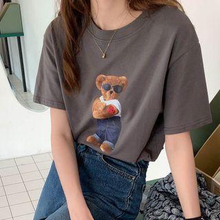 Short-sleeve Round-neck Bear Print T-shirt