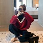 Mock Two-piece V-neck Long-sleeve Sweatshirt / Plain High-waist Knit Wide-leg Pants