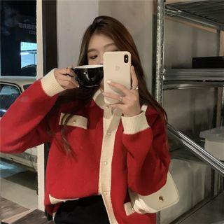 Round Neck Two Tone Knit Cardigan Red - One Size