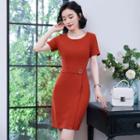 Short-sleeve Buckled Sheath Dress
