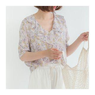 Short-sleeve Floral Print V-neck Chiffon Blouse