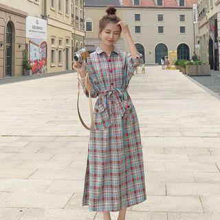 Elbow-sleeve Plaid Chiffon A-line Midi Shirtdress