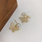 Faux Pearl Rhinestone Butterfly Dangle Earring 1 Pair - Gold - One Size